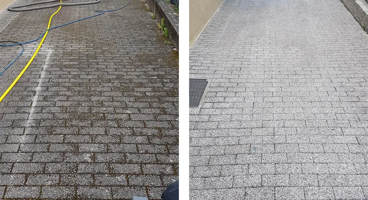 Einfahrt vor und nach der Reinigung